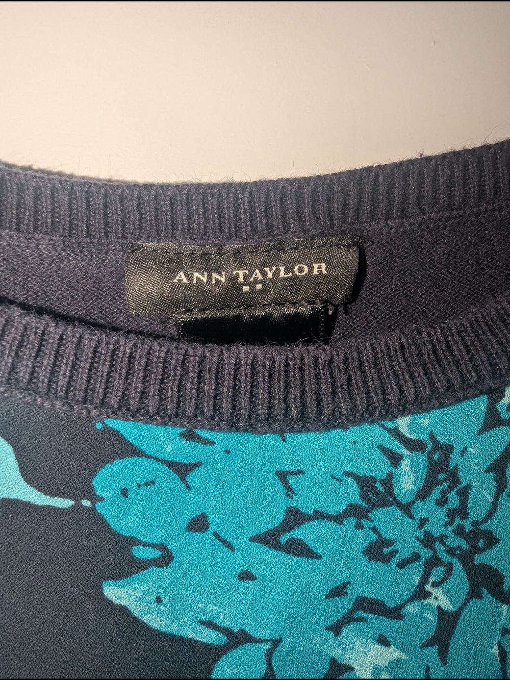 Ann Taylor Navy Sweater with Teal Floral Print - Picture 2 of 3